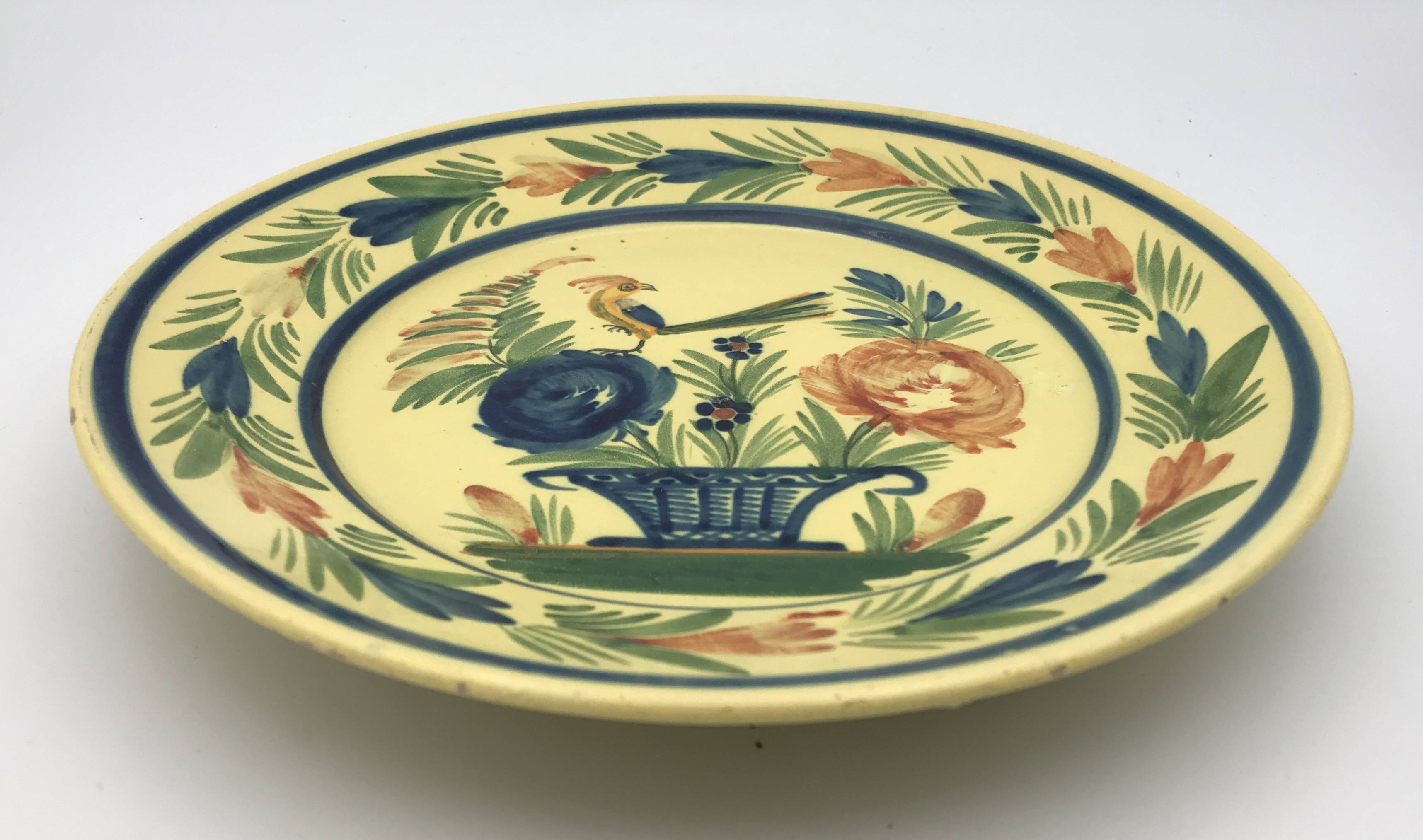Antique earthenware plate hb henriot quimper floral and bird basket decor