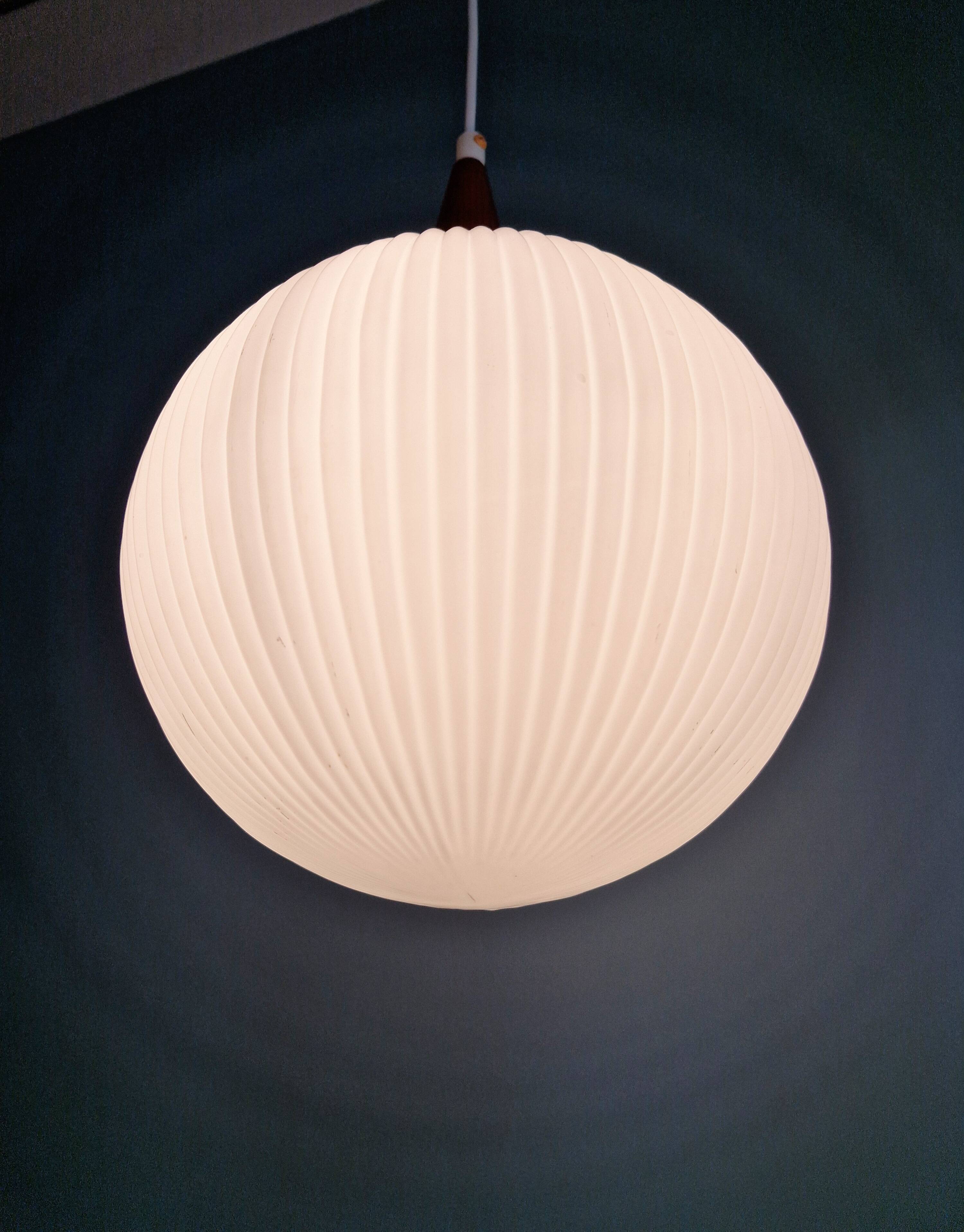 Scandinavian teak and white satin glass pendant light, 1960s