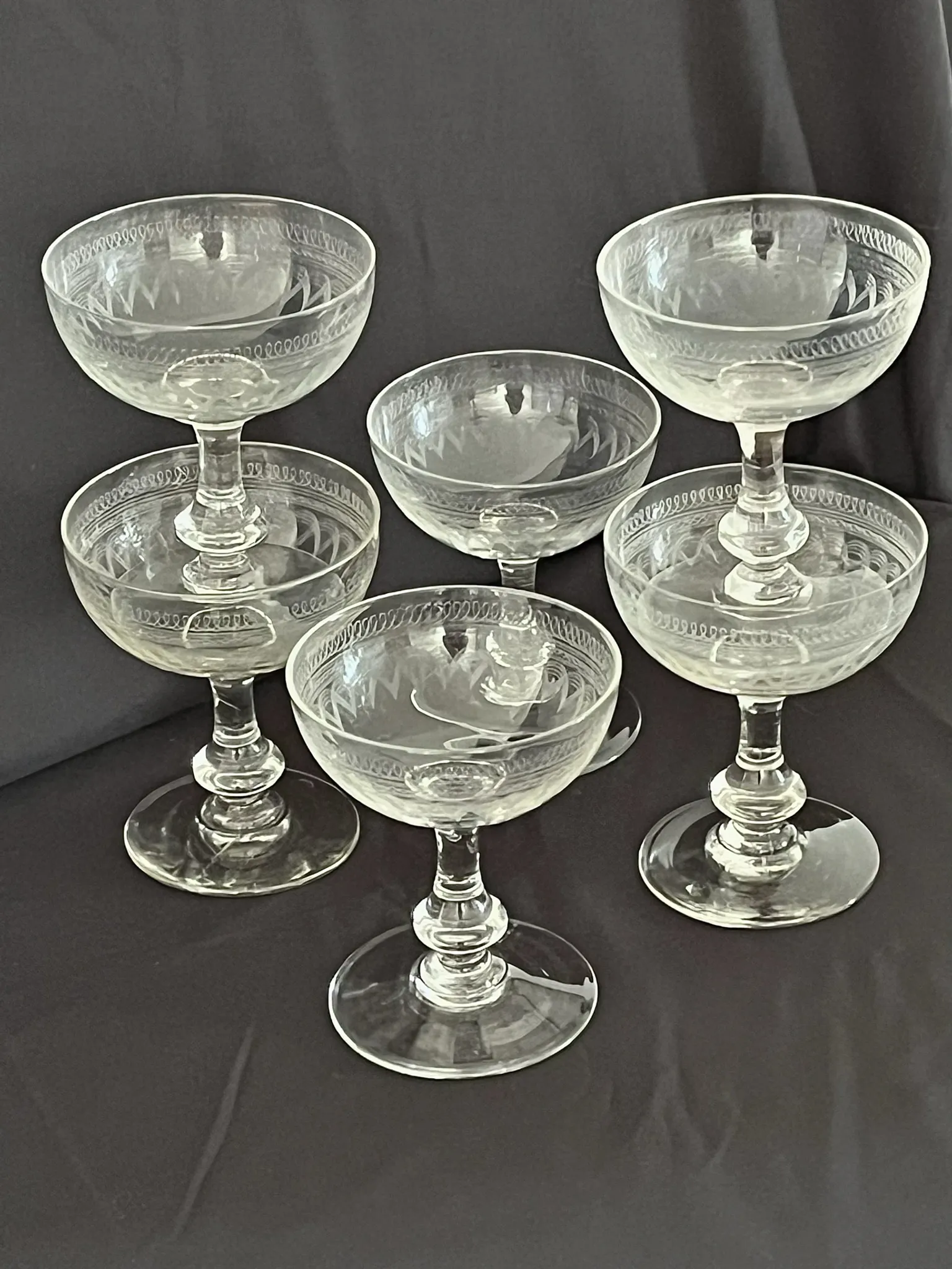 Champagne Coupes – Set of 6 Antique Hand Engraved Art Deco Stemware