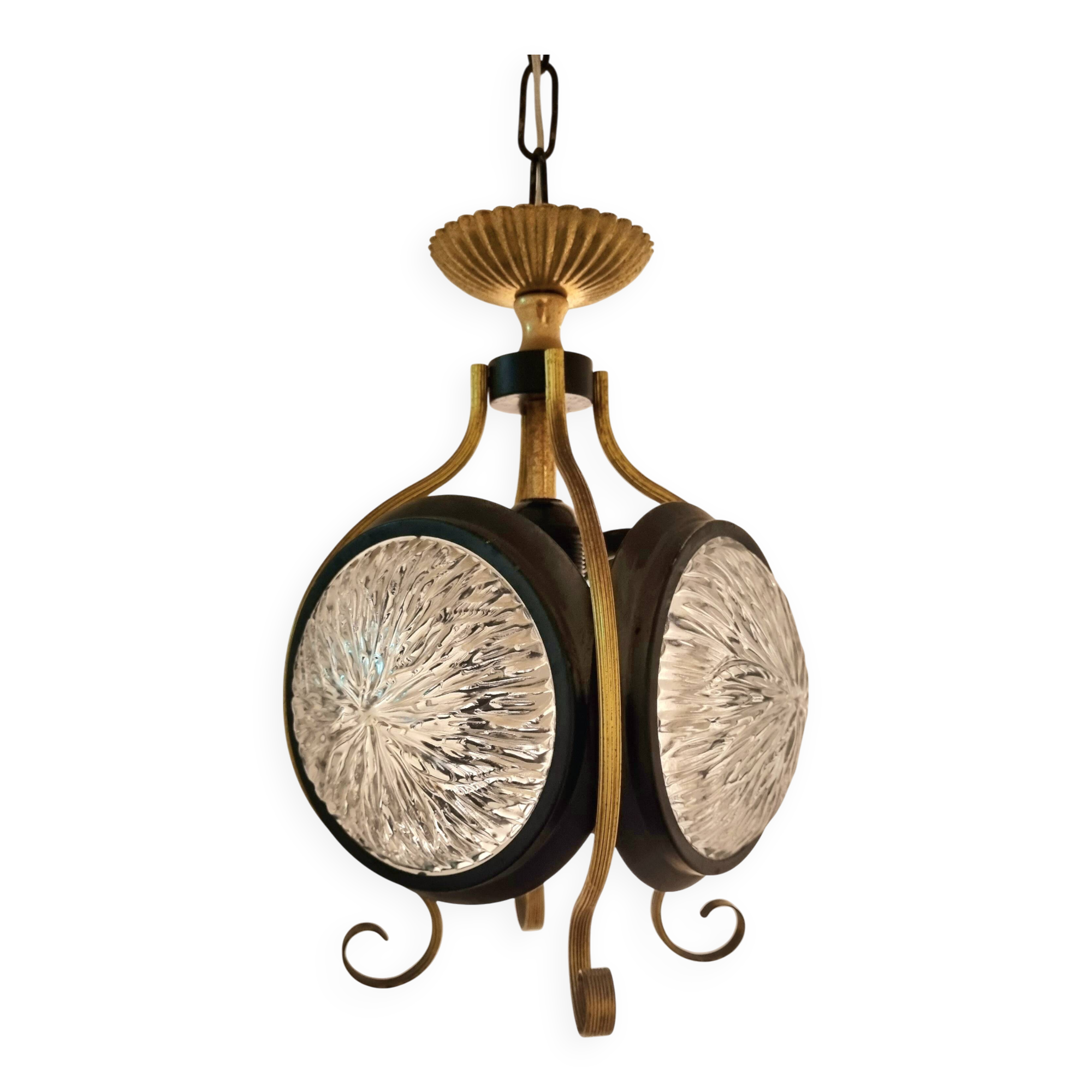 1960s glass brass pendant, frivolous lantern lamp
