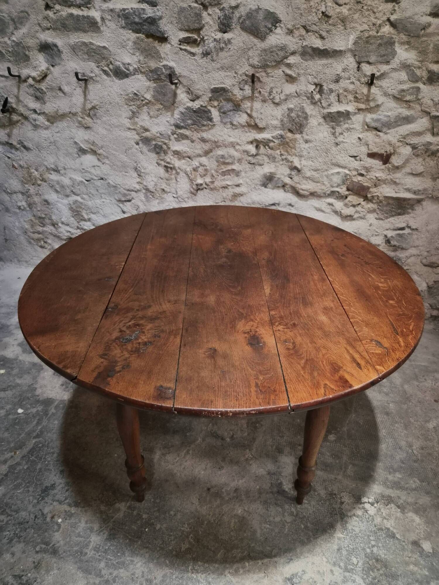 Table à abattants ancienne en chêne français, table à manger ronde, vers 1880–1920