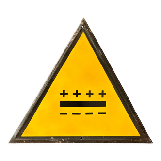 Battery yellow warning sign vintage european 1980's industrial big enamel