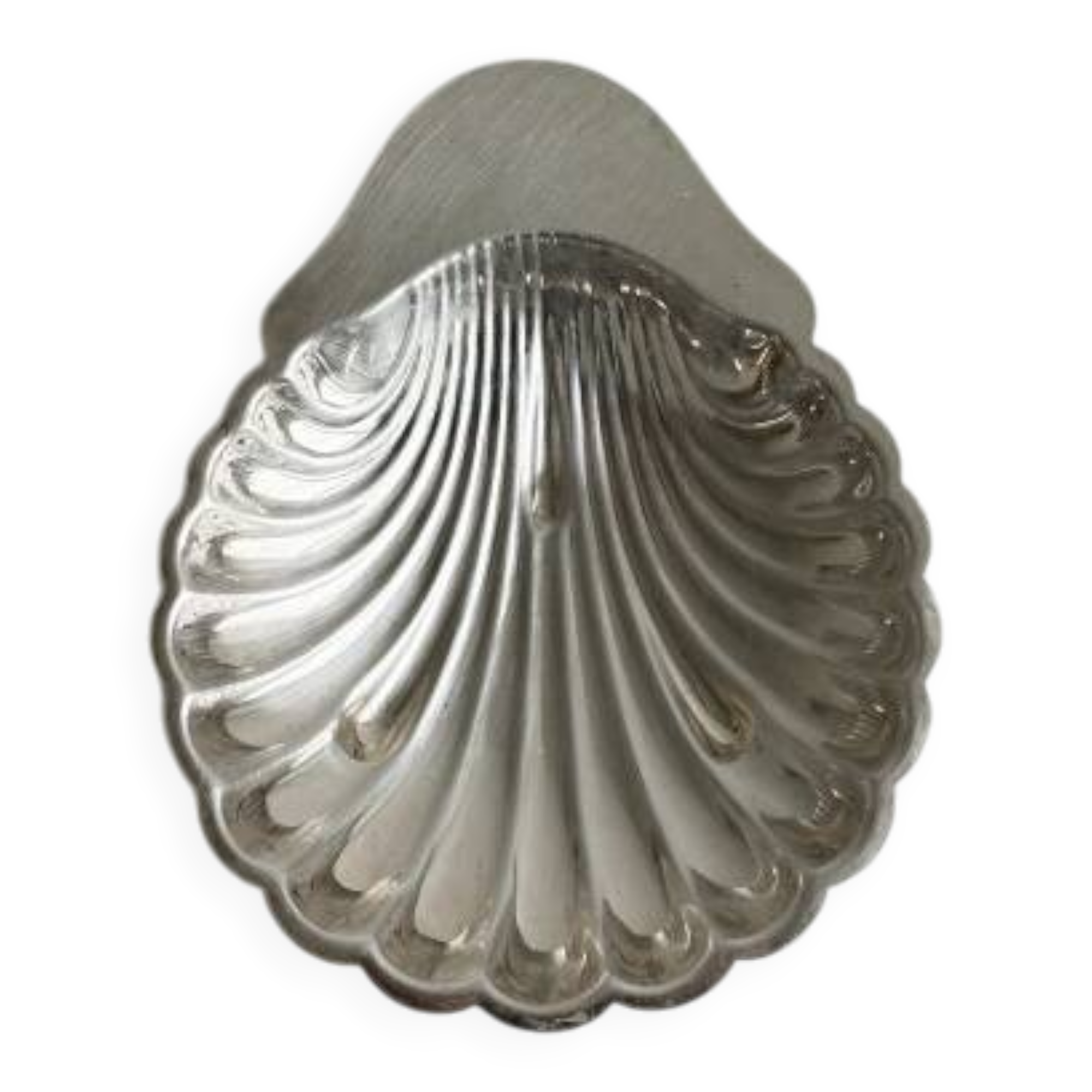 Old metal plate in the shape of a shell.