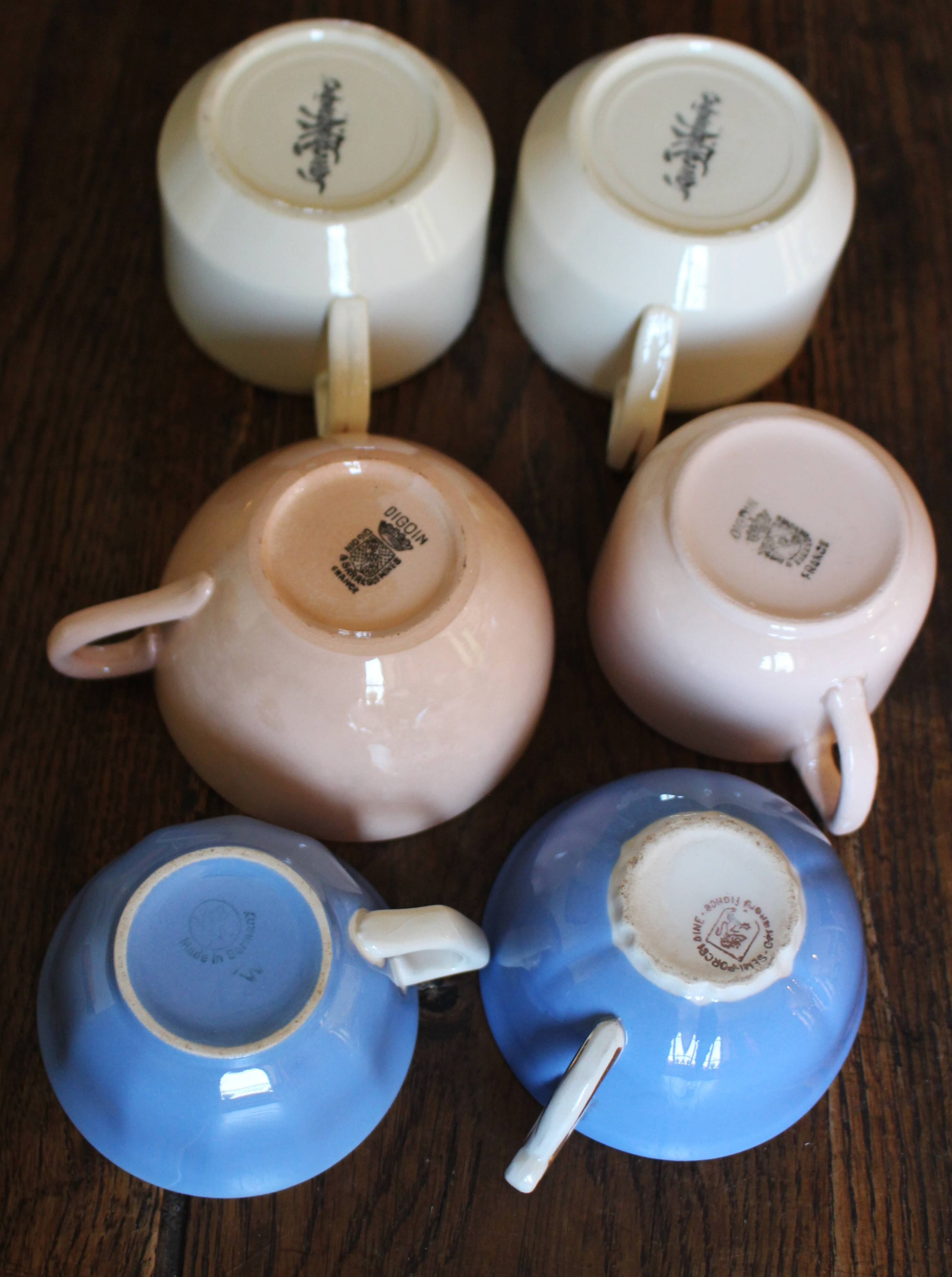 A set of 6 pink, blue, and cream cups from Digoin Céranord Villeroy Art Deco.