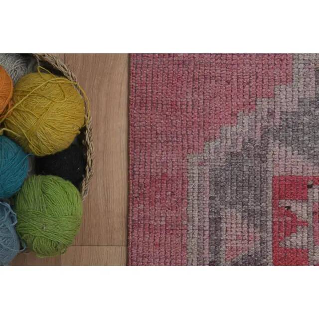 1970s Vintage Turkish Handmade Wool & Cotton Pink Runner Rug 83x307
