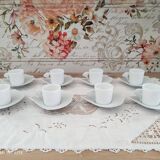 Set of 8 espresso coffee cups and white Limoges porcelain sub-cups scallops