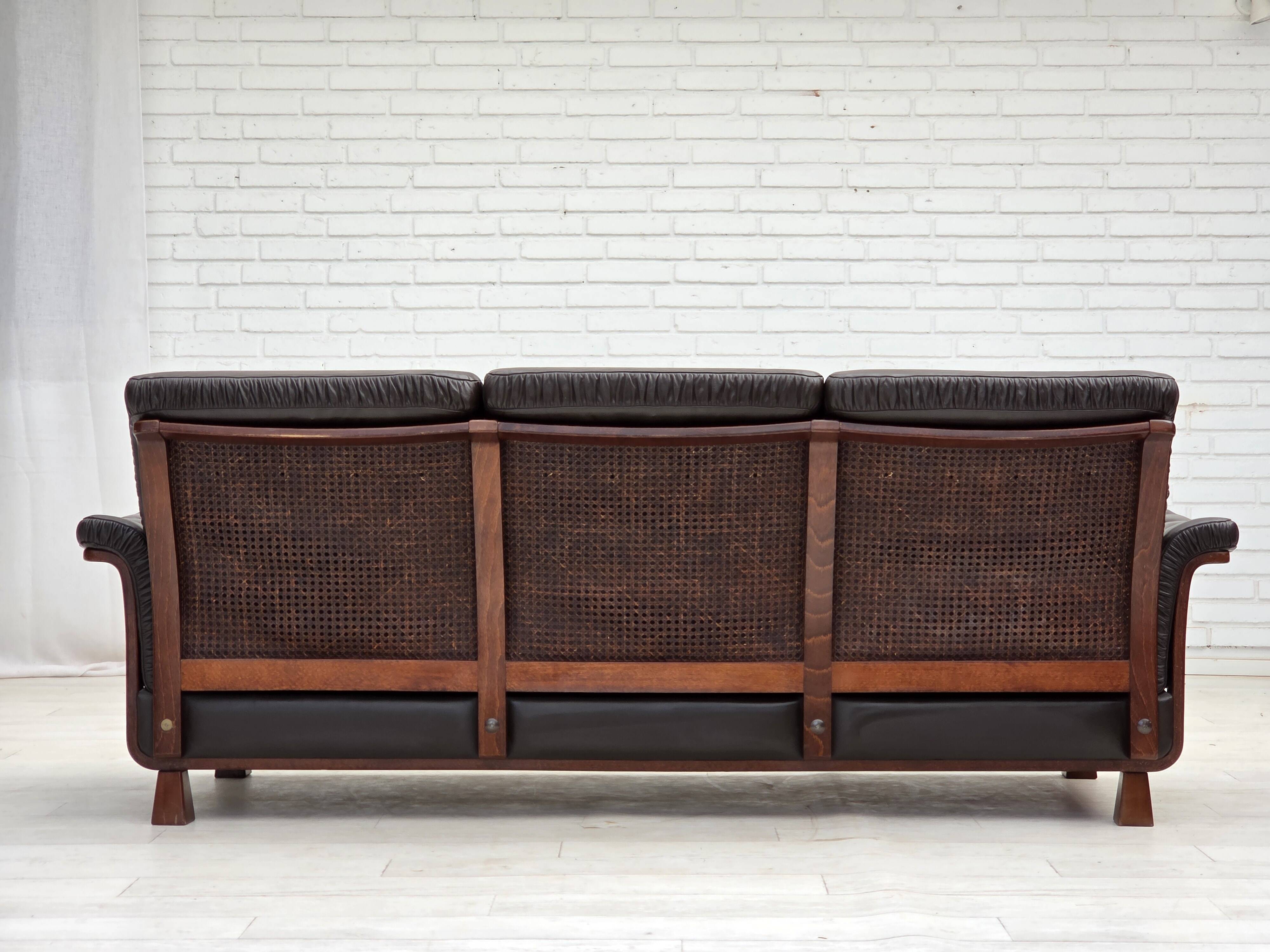 1970s, Scandinavian 3-seater sofa, furniture leather, teak wood legs.