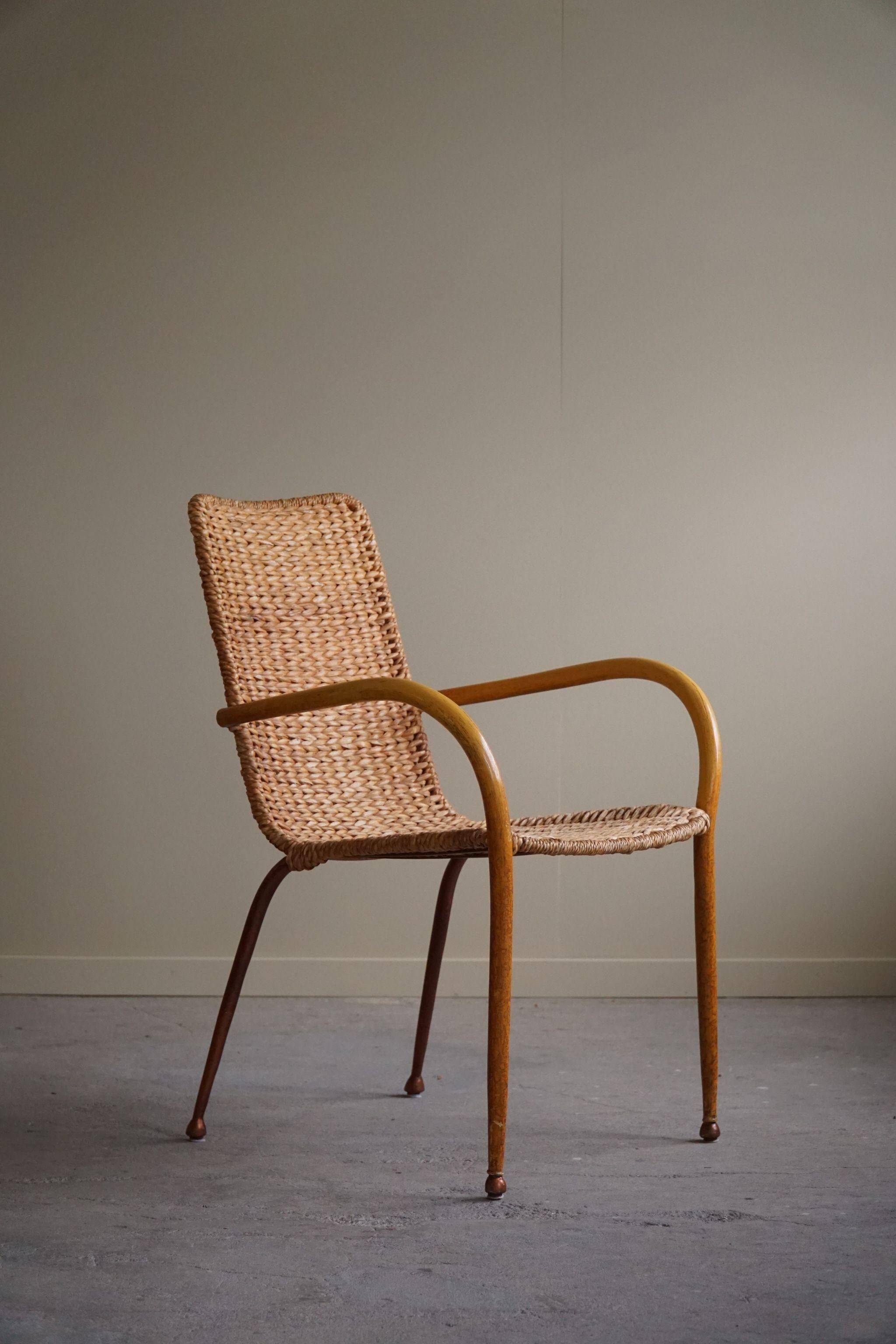 Set of 4 vintage Italian wicker and birch armchairs, mid-century modern, 1950.