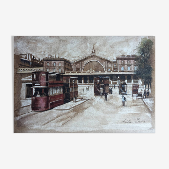 Aquarelle ancienne Paris Gare de l'Est par Amédée Lecomte