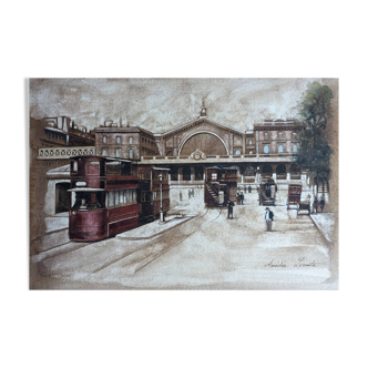 Aquarelle ancienne Paris Gare de l'Est par Amédée Lecomte