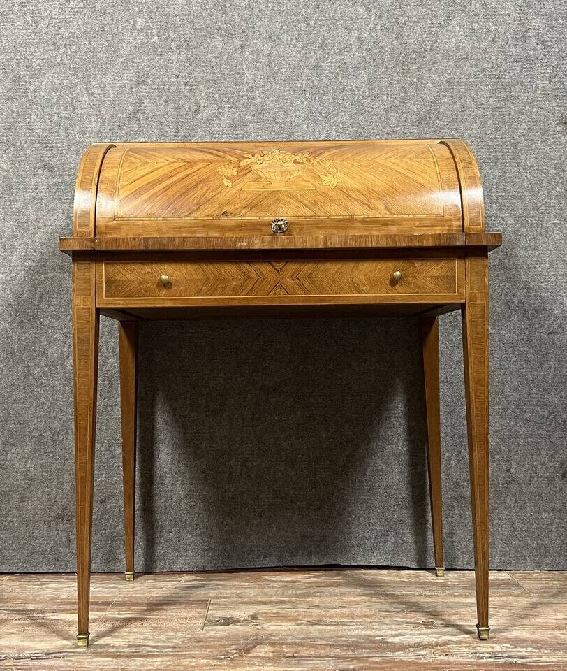 Louis XVI style cylinder desk in marquetry with floral decorations circa 1880