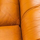 3-seater leather and wood sofa, 1950s vintage modernism