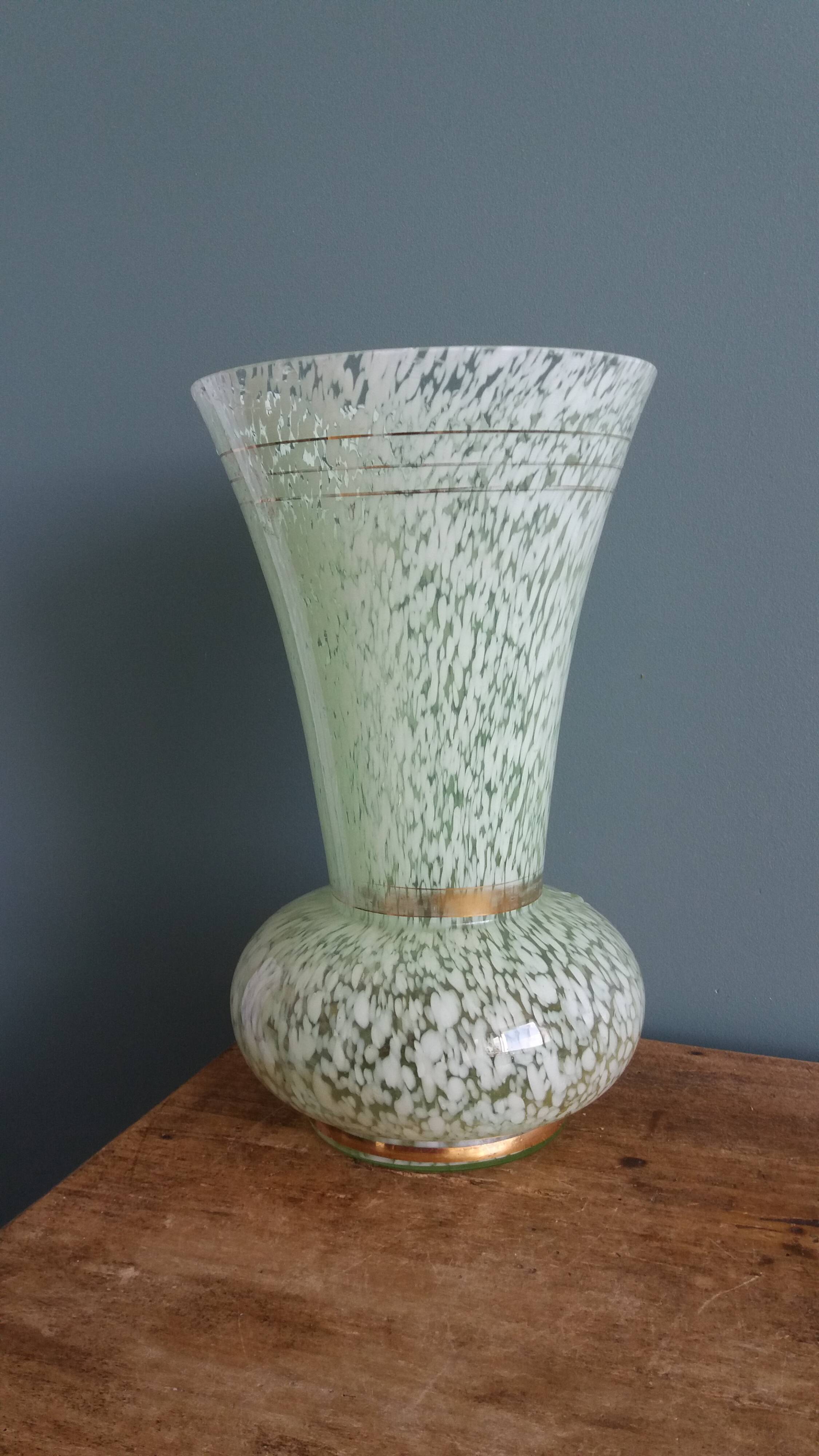 Green speckled glass vase from Clichy with gold threads.