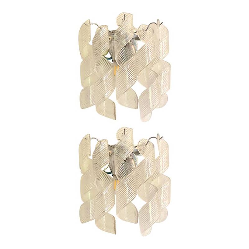 Set of Two Transparent “Ricci” Murano Glass Wall Sconces in Mazzega Style