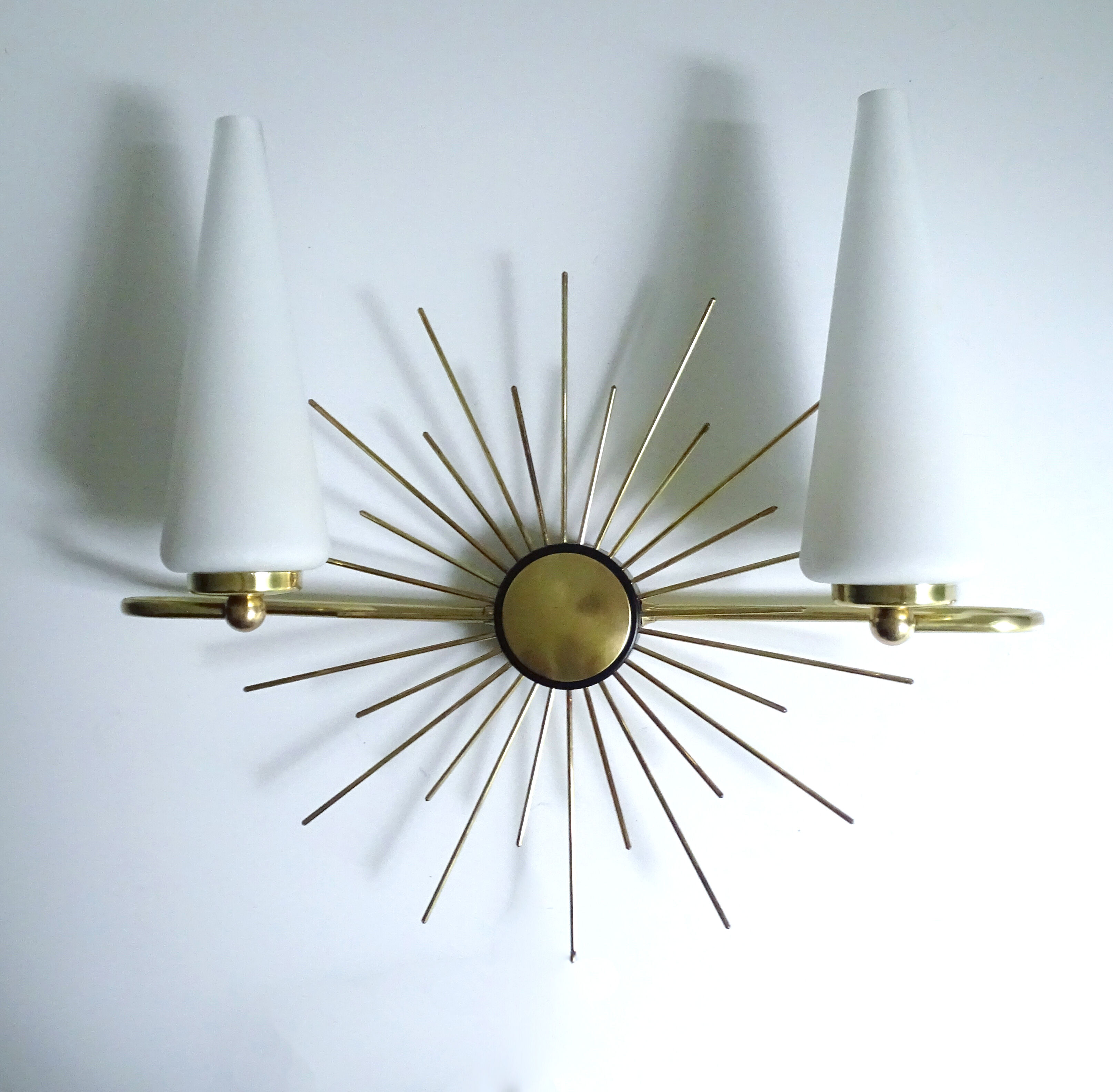 Pair of vintage sconces, sun, glass and brass, 60s