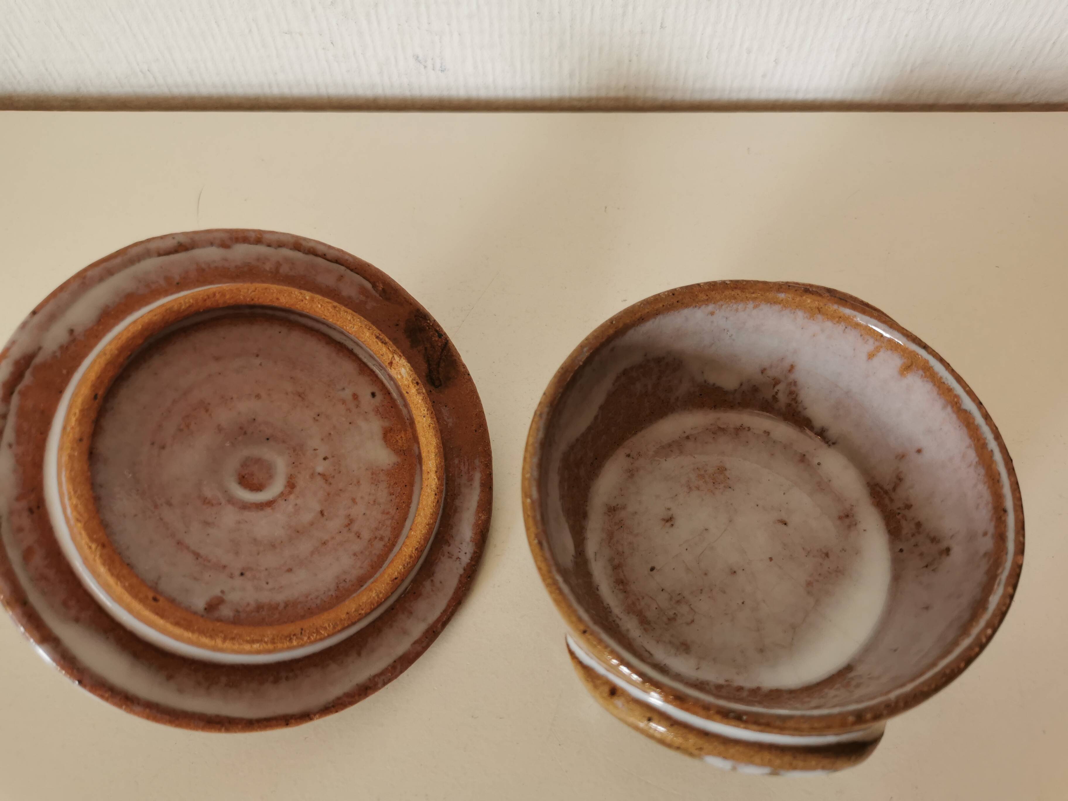 brown and white glazed stoneware sugar bowl