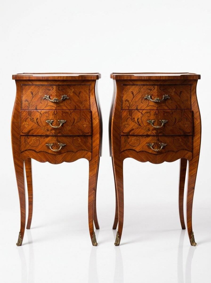 Pair of bedside tables with bombé shape, marquetry, and bronze in Louis XV style.