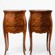Pair of bedside tables with bombé shape, marquetry, and bronze in Louis XV style.