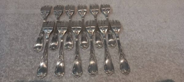 12 fourchettes à gateaux métal argenté orfèvre Ercuis LXV 29 14.4cm