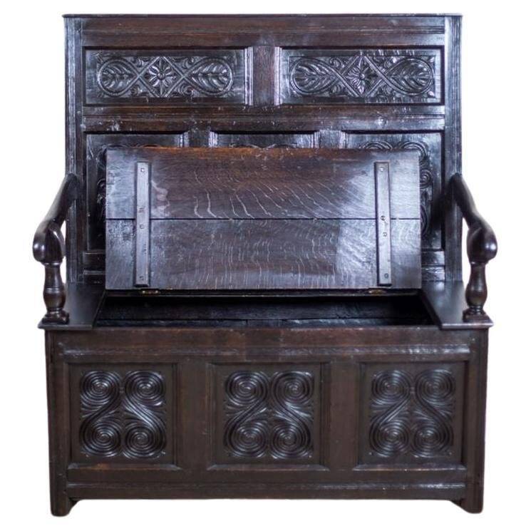 Antique Renaissance Revival Oak Bench, 1890s
