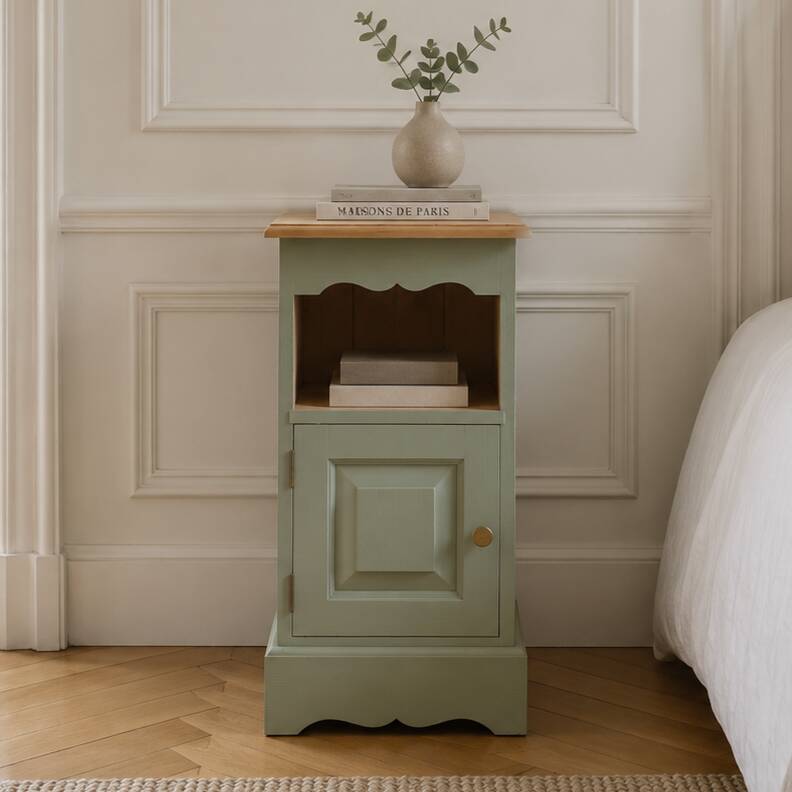 Chevet vintage en pin rénové – Vert Lézard Pure & Paint – Plateau bois natu