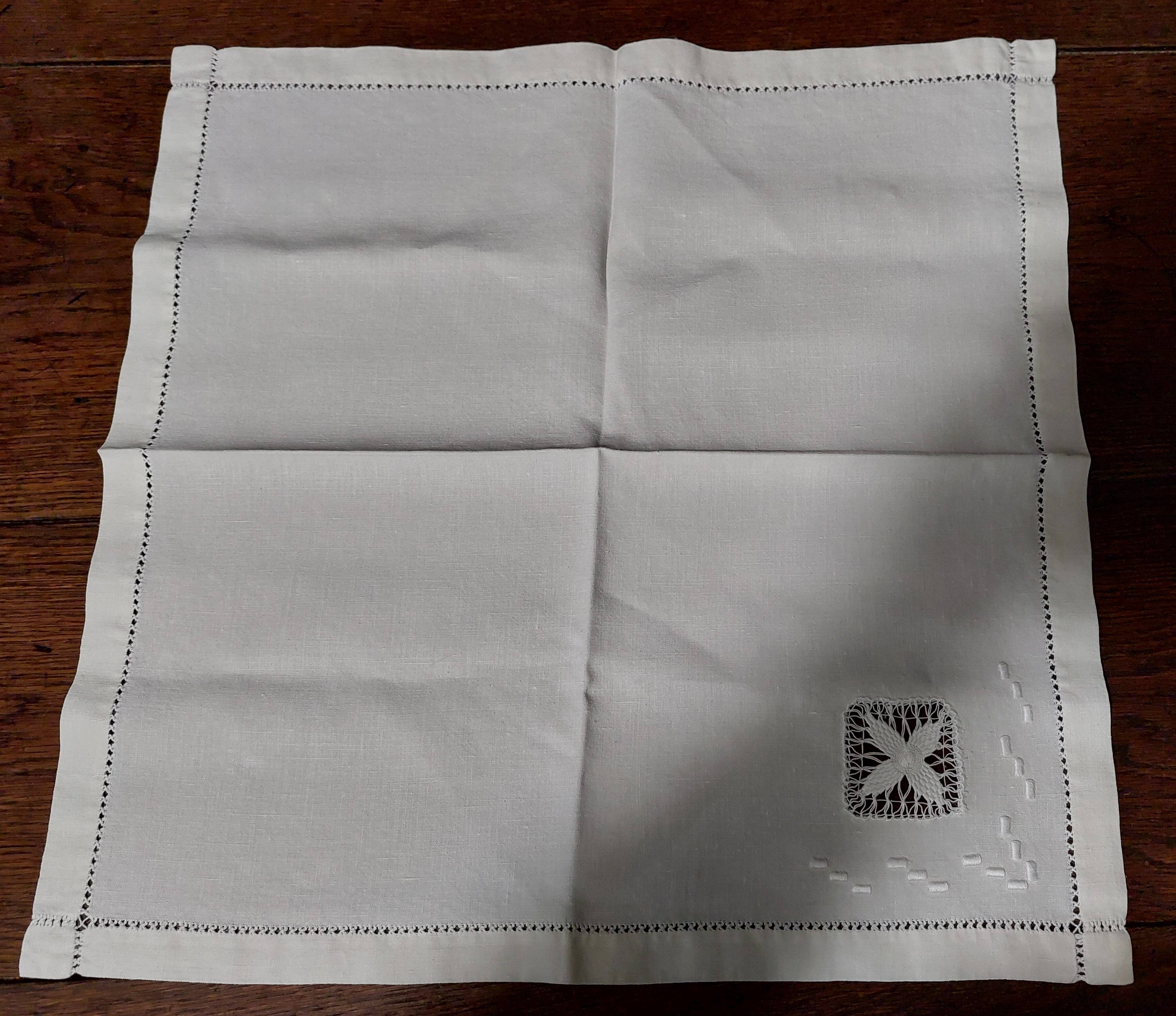 Old white linen tablecloth six day napkins and embroidery 140 X 180 cm