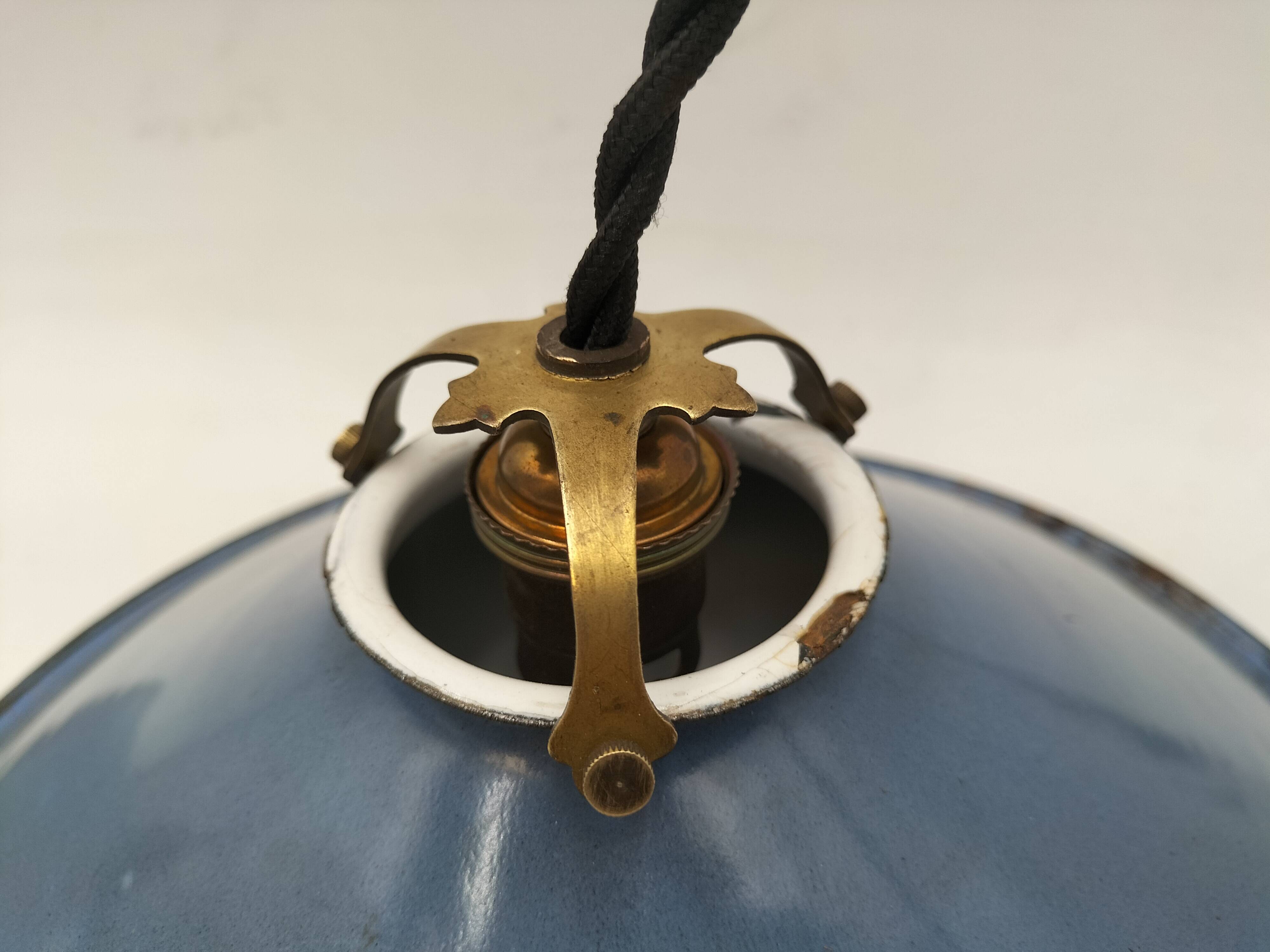 Pair of blue enameled sheet metal pendant lights