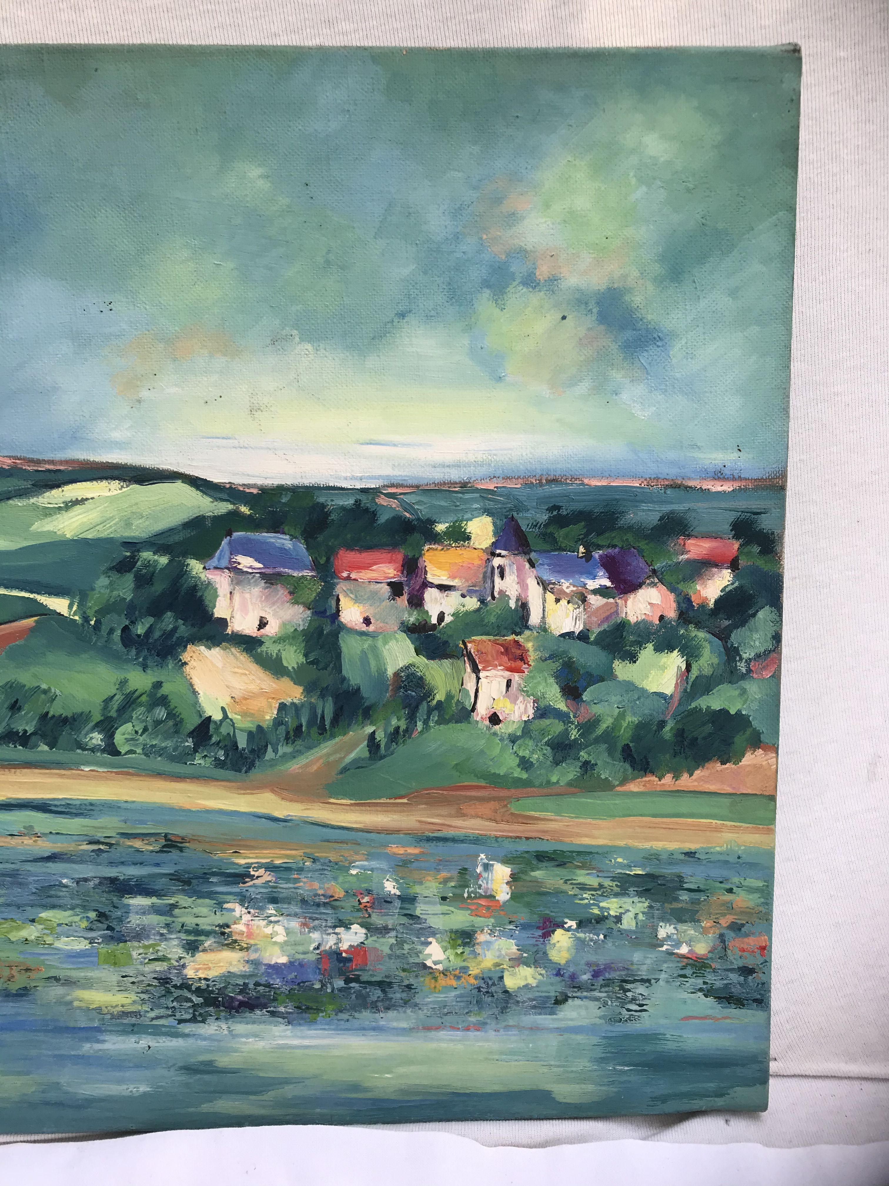 Painting painting oil on canvas Oechslin view village edge of vintage water