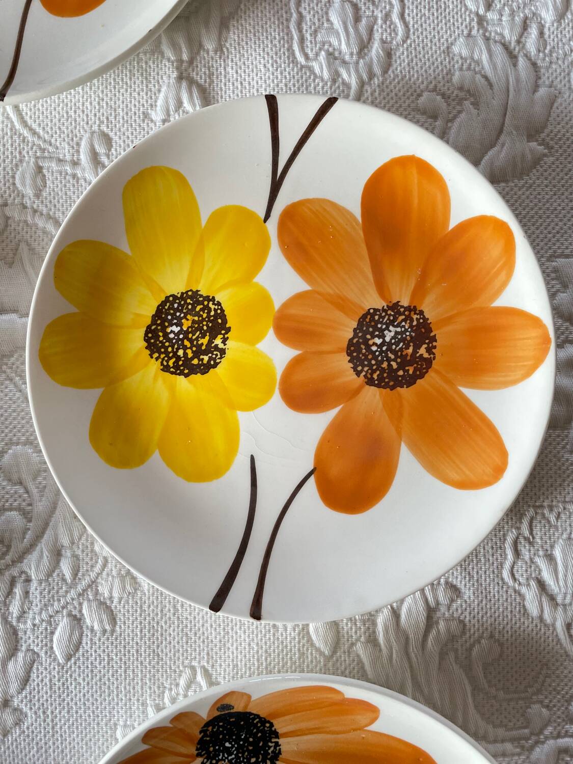 8 Assiettes à dessert Gien Fleurs peintes à la main Orange Vintage Année 70
