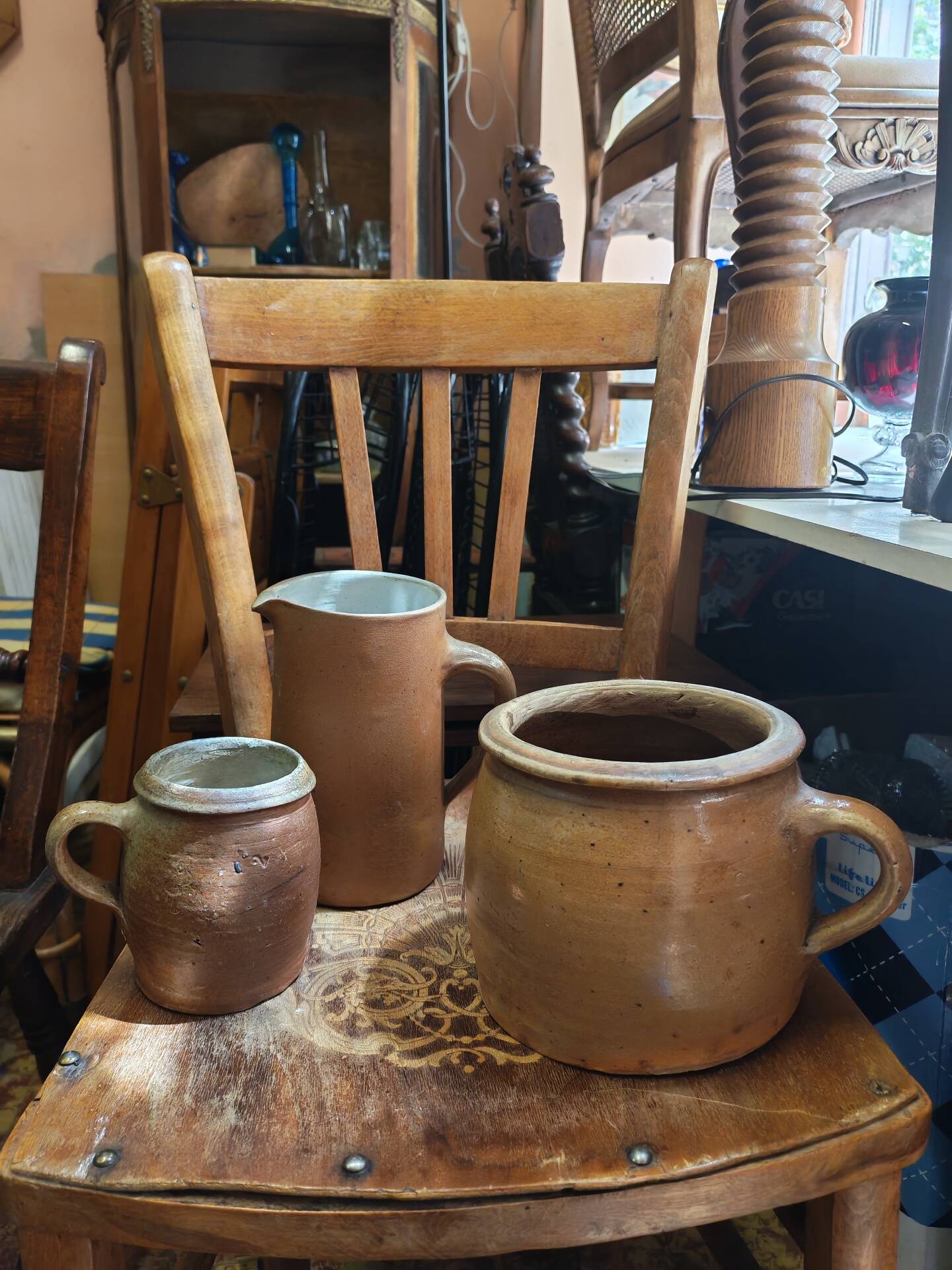 Set of 3 pieces of antique rustic French stoneware ceramic.