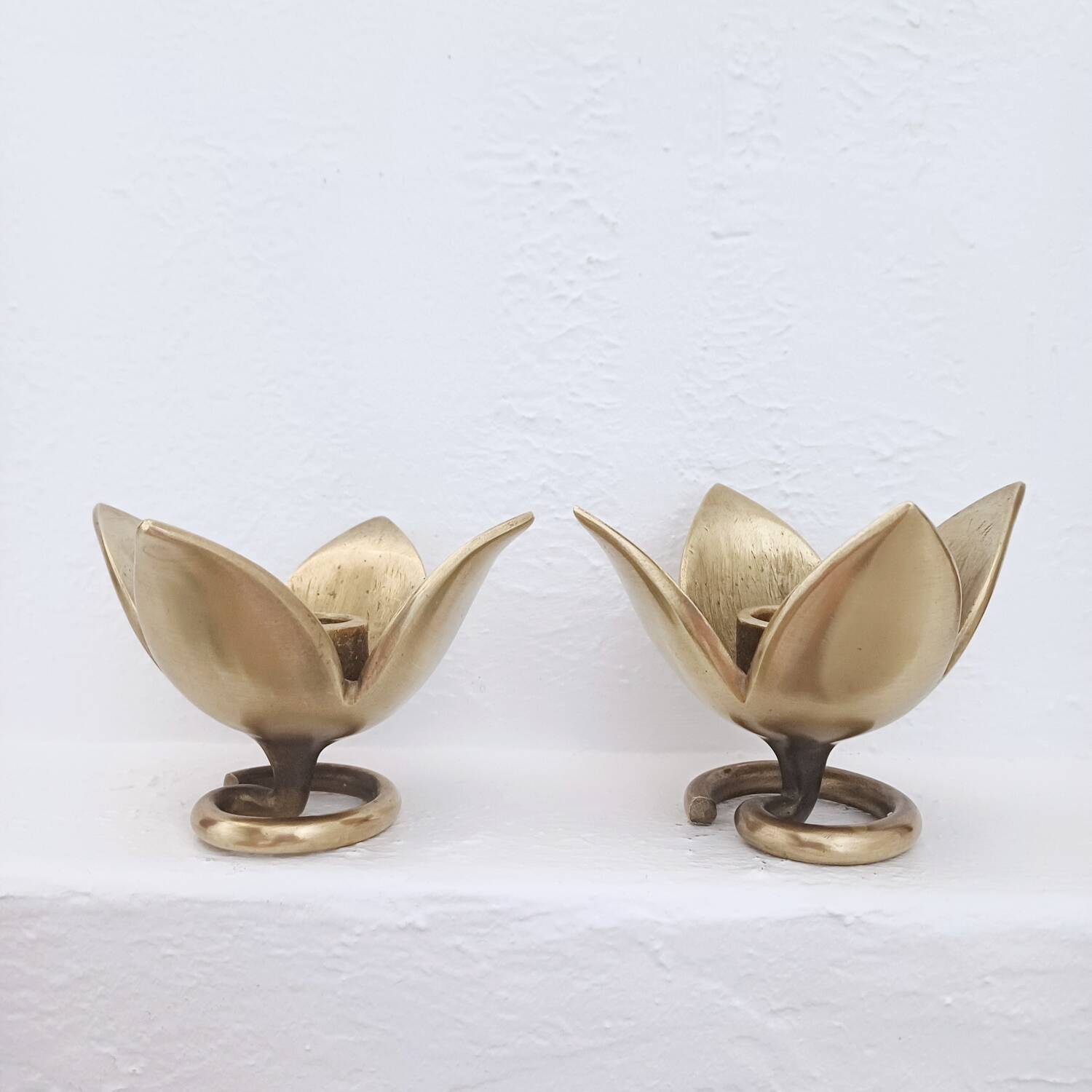 Pair of Solid Brass Tulip Candle Holders – Handcrafted 1970s