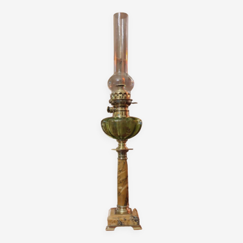 Ancienne lampe a pétrole verte pied marbre et bronze/décor émaillé