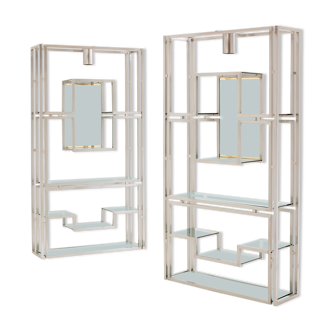 Pair of glass shelves brushed steel brass 1970