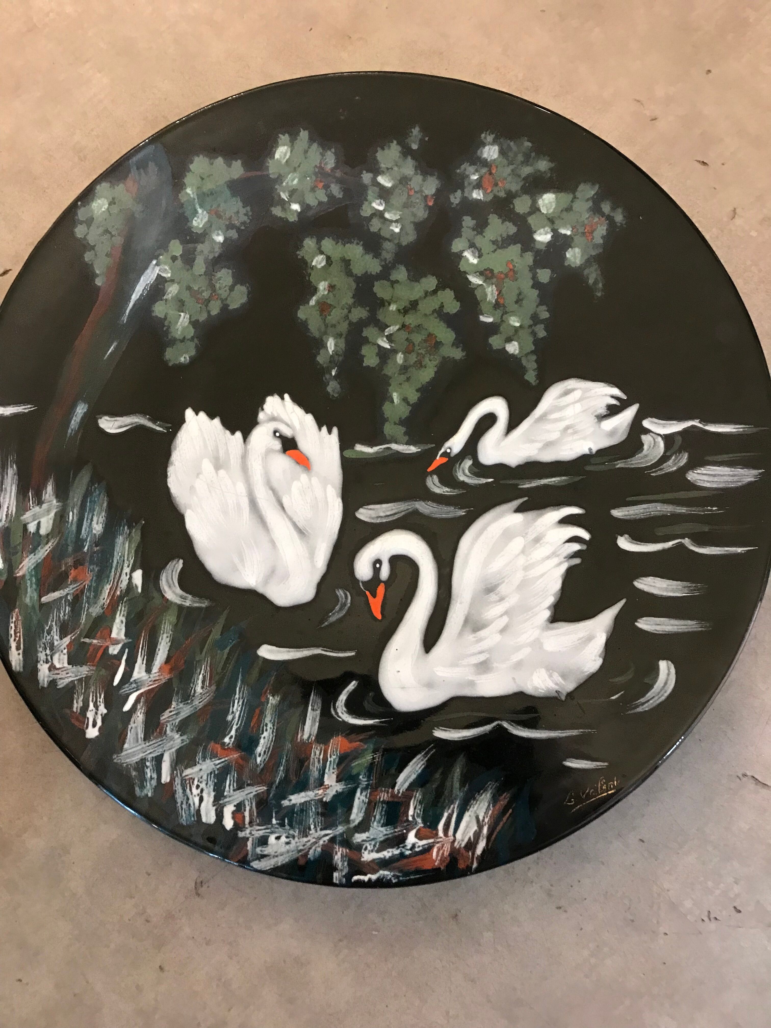 Dish faience de longwy signs l. valenti decor of authentic swans 60s