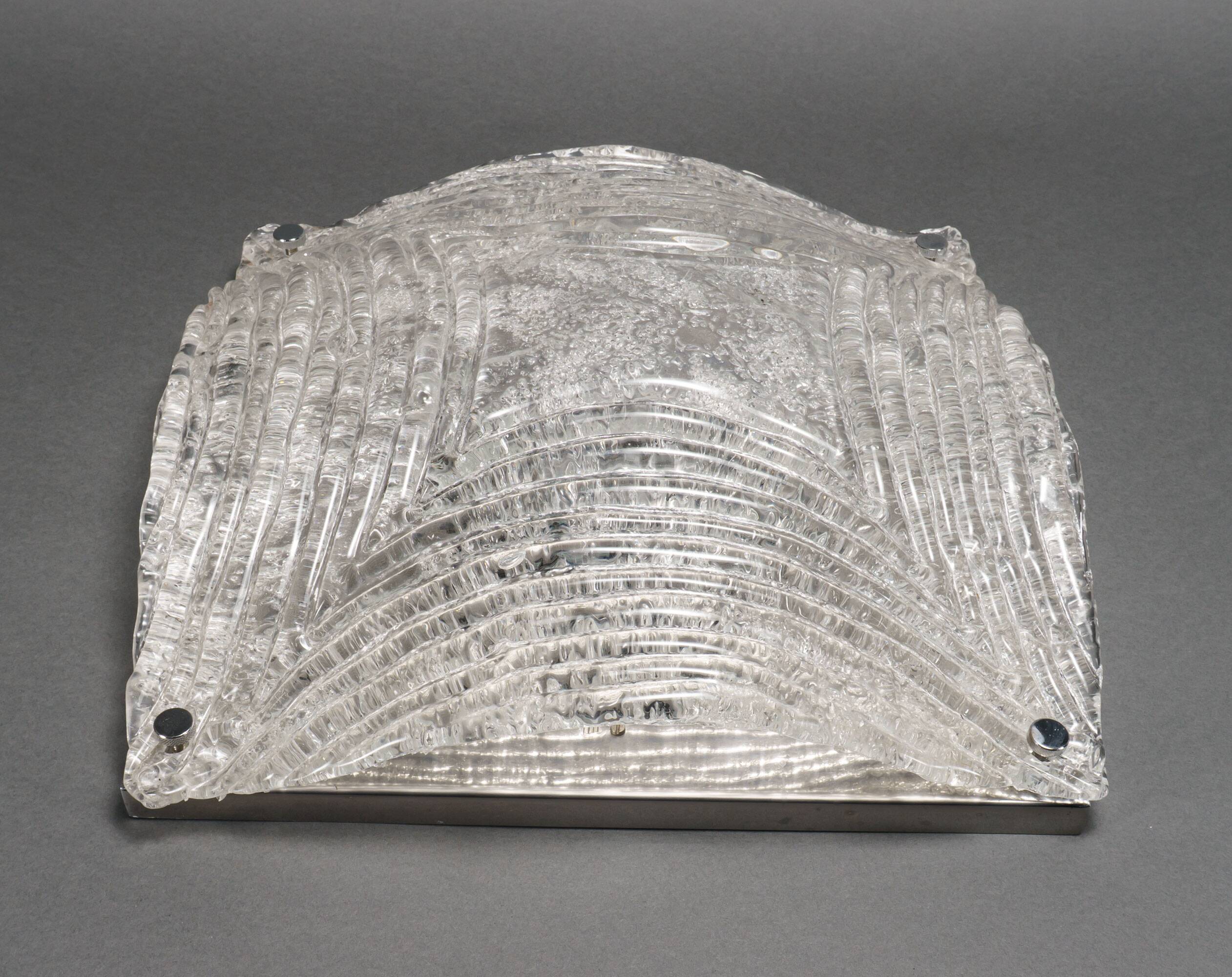 XL Vintage 1970s Italian Ice Glass & Chrome Wall Sconce / Ceiling Flush Lam