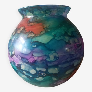 Vase boule en verre laqué signé Jean-Noël Bouillet