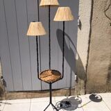 Living room lamp in metal and wicker, raffia lampshade 1950