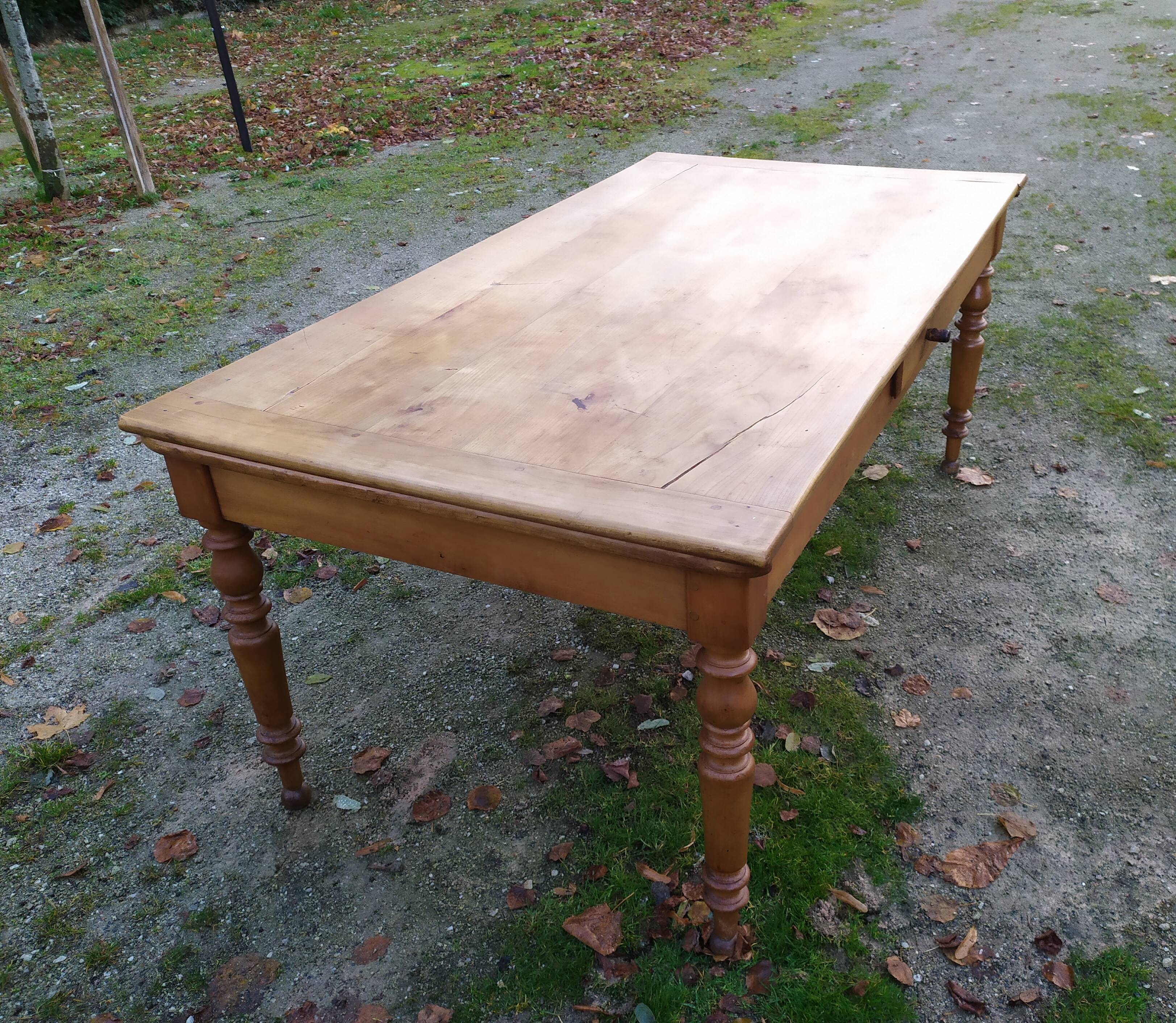 Cherry farm table, turned legs, 2 extensions