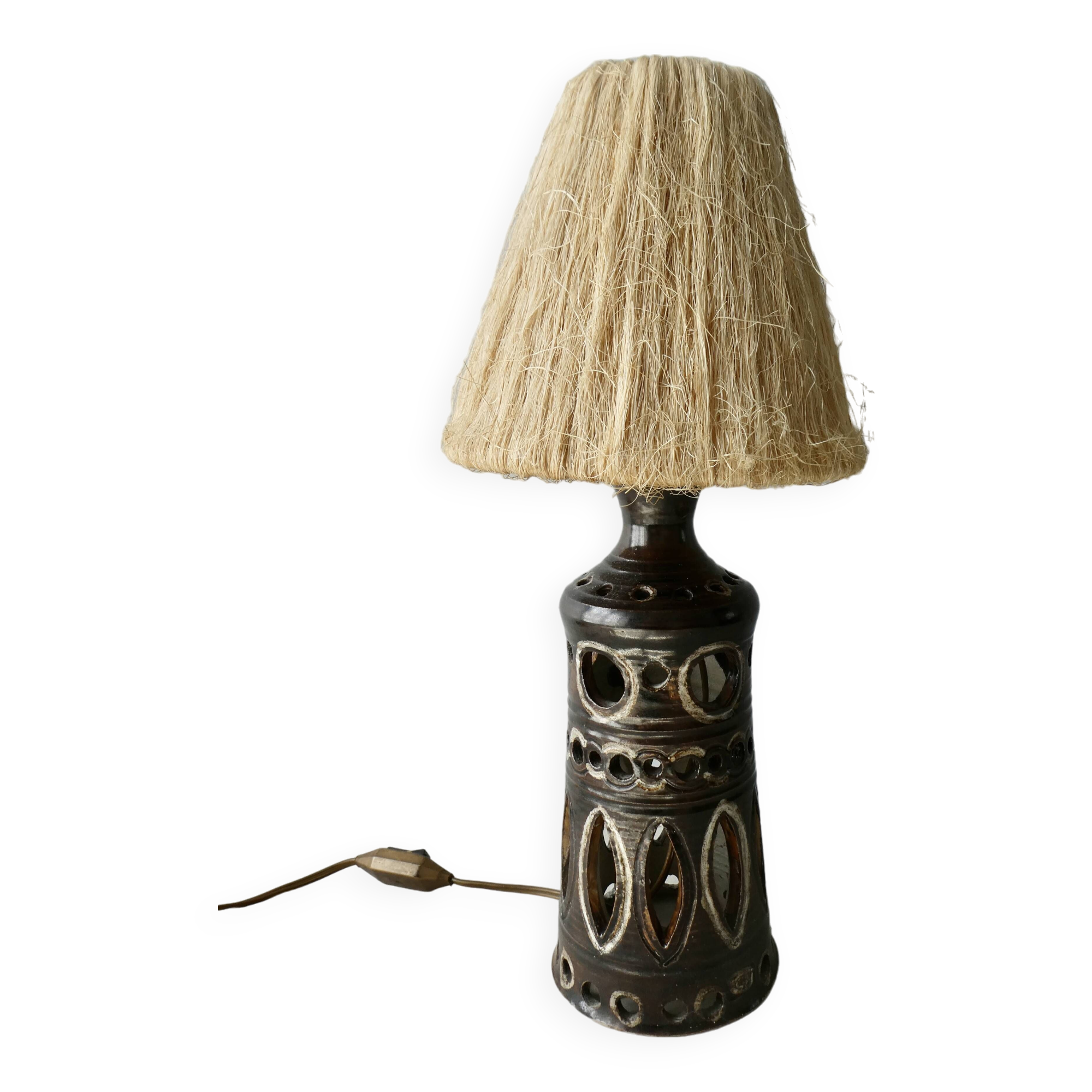 Openwork ceramic lamp and rope lampshade, 1960s