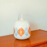 Suspension in white opaline with orange and blue geometric patterns Design 1970