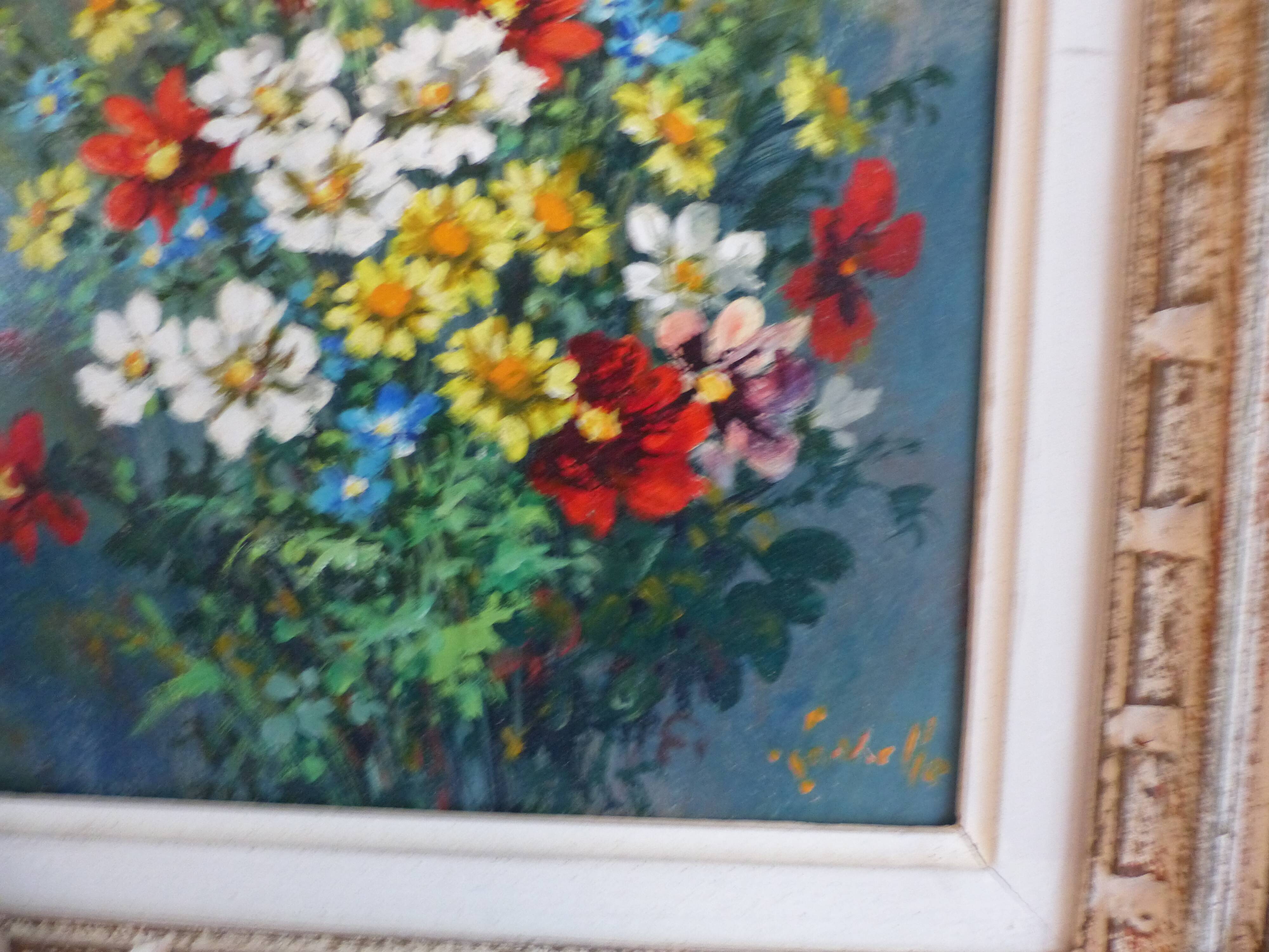 Tableau bouquet de fleurs, huile sur isorel