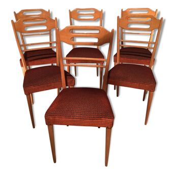 6 chaises italiennes 1960 bois blond velours de soie