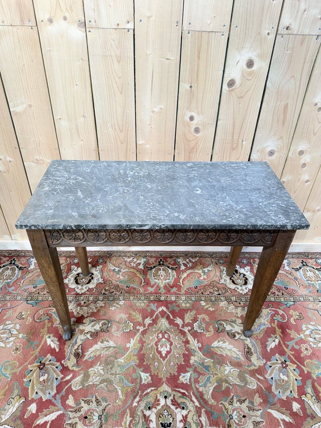 Louis XVI Style Console Table – Carved Oak & Marble Top