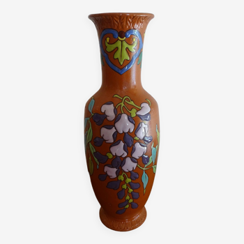 Ancien vase terre de fer Lonchamp émaux polychromes décor floral - Signé - 36 cm