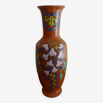 Old Lonchamp iron earth vase polychrome enamels floral decoration - Signed - 36 cm