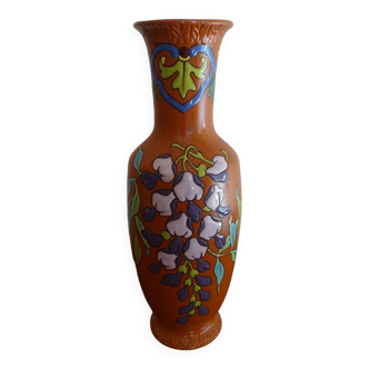 Ancien vase terre de fer Lonchamp émaux polychromes décor floral - Signé - 36 cm