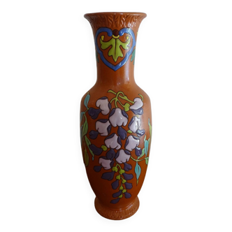 Old Lonchamp iron earth vase polychrome enamels floral decoration - Signed - 36 cm