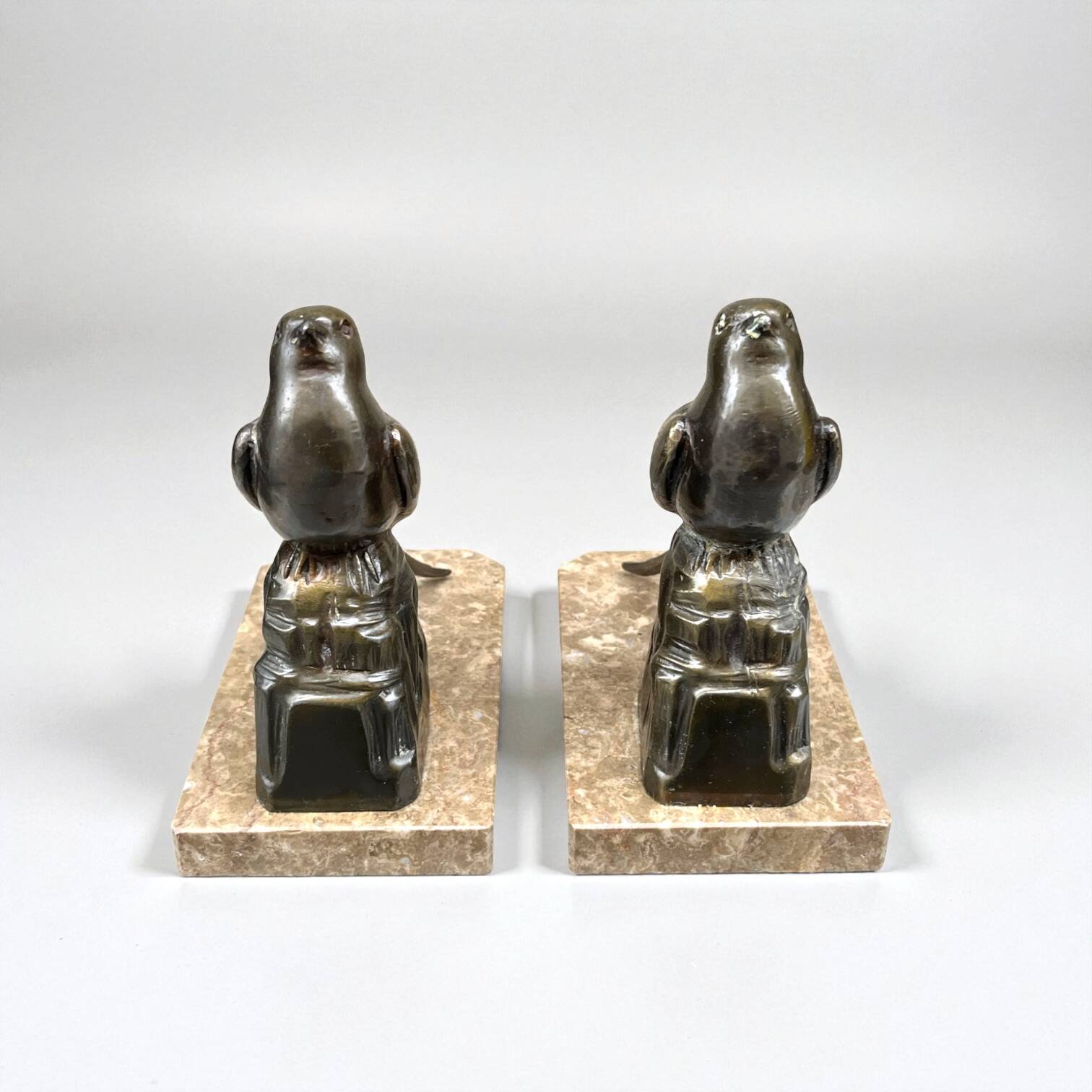 Serre-livres Art Déco oiseaux en marbre et métal bronze