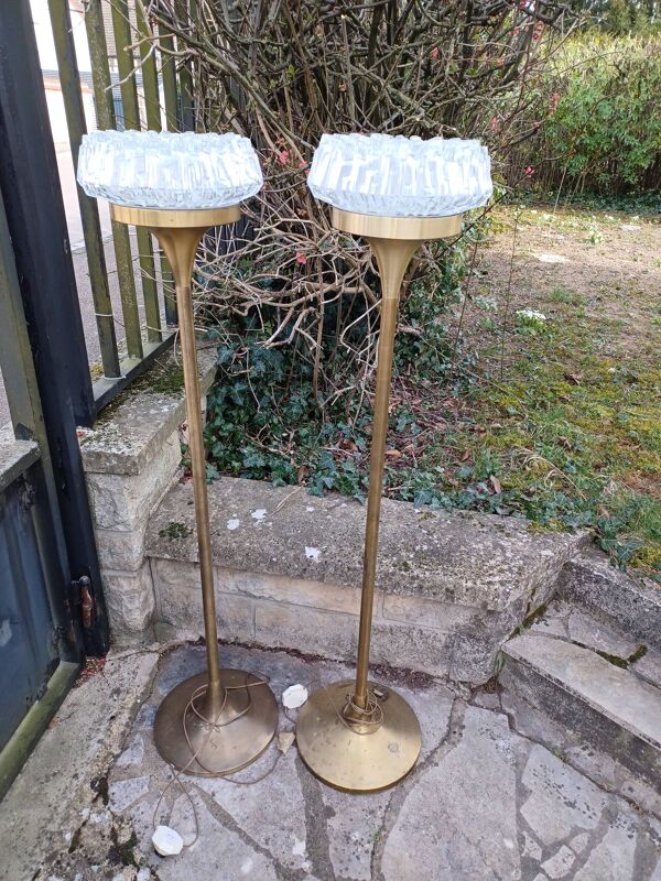 Paire de lampadaire laiton doré et verre Maison Arlus années 50