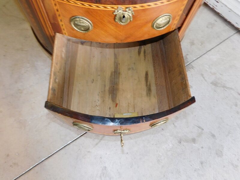 Chest of drawers half moon in marquetry 2 drawers marble top late nineteenth century